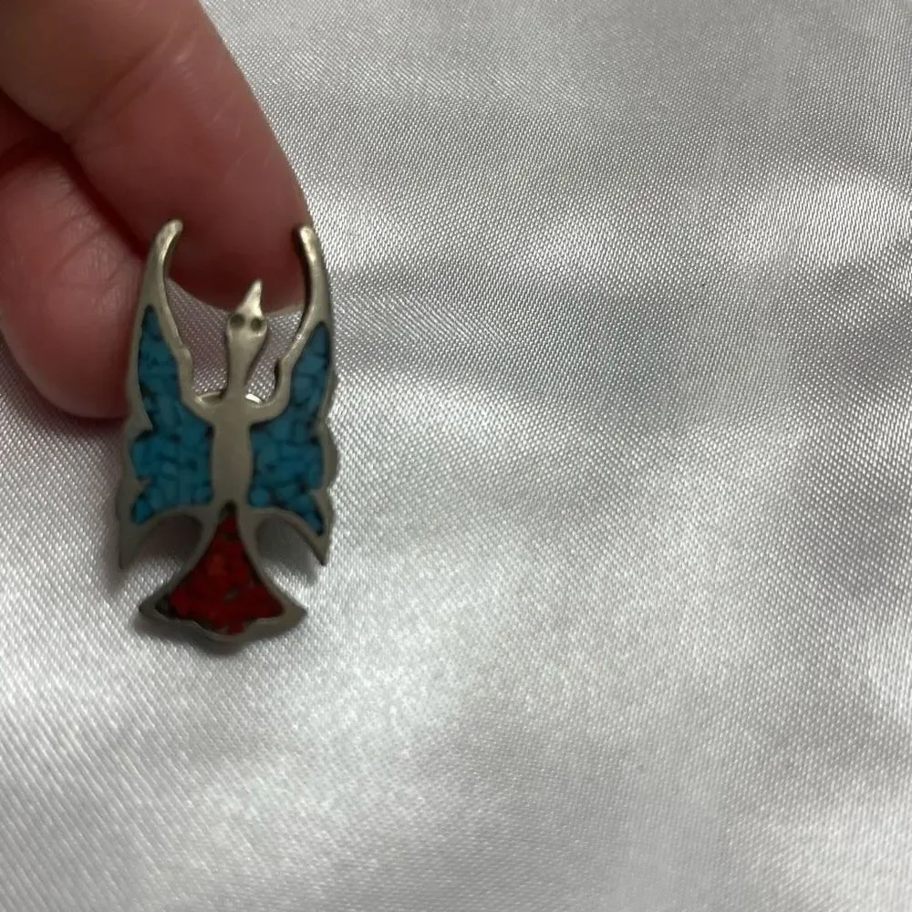 Silver Rain Peyote Bird Phoenix Turquoise & Coral Inlay Brooch Pin